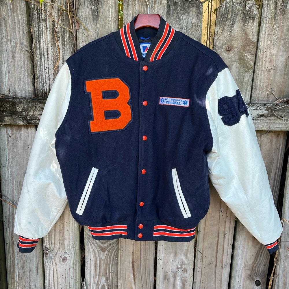 Vintage 1970s Embroidered Varsity Jacket with Leather Sleeves. Size L